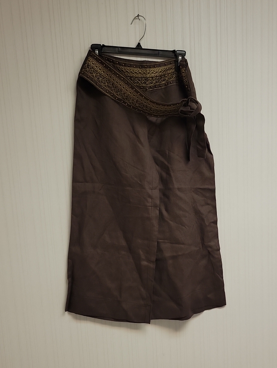 Autograph Pants - Autograph Brown Wrap Wide Leg Linen Pant  Embroidered Waist Sz 6. Boho Office